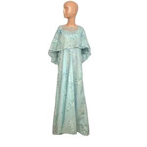 VTG 70s Handmade L Blue Floral Chiffon Capelet Maxi Dress Cottagecore Fairy Glam
